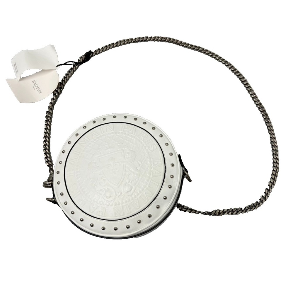 Balmain‎ Disco Leather Circle Crossbody Shoulder Bag White Small Chainlink Strap